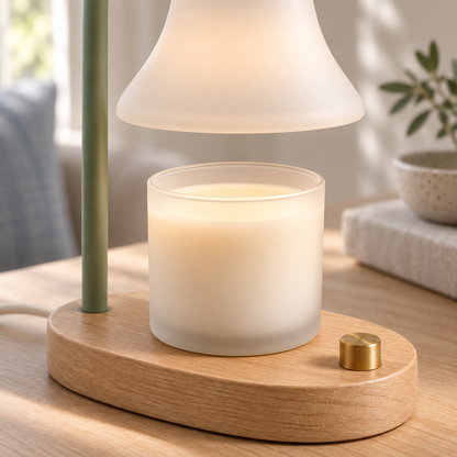 Close-up of the overhead warming light, candle jar and control knob on the WarmArc Lamp