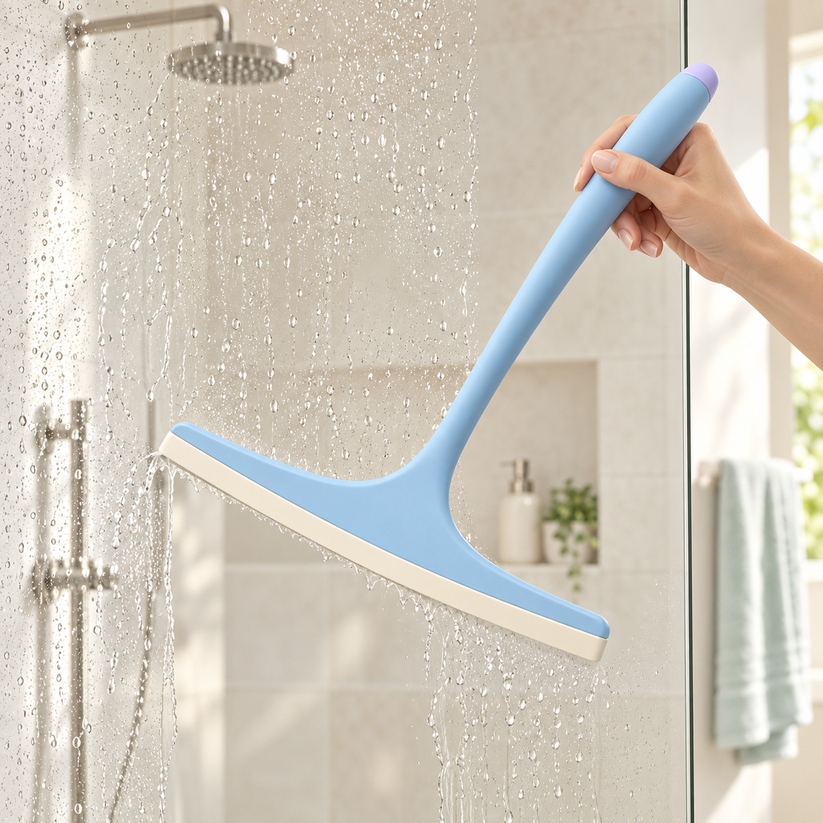 ClearSwipe Shower Squeegee shown in a modern home cleaning setting