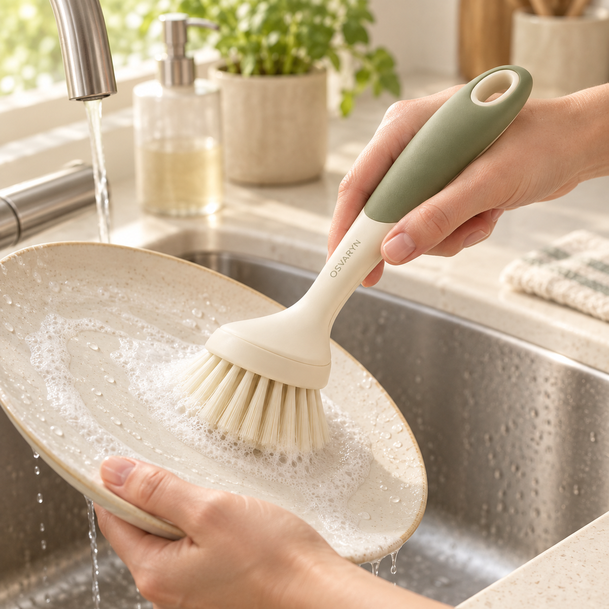 FlexScrub Dish Brush shown in a modern home cleaning setting