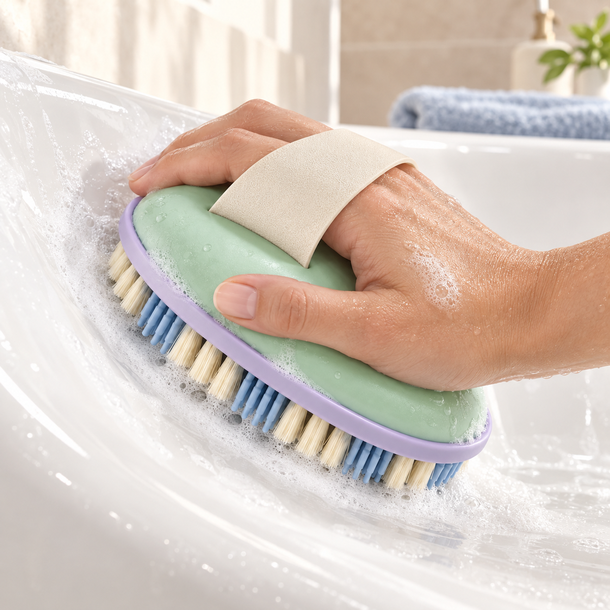 SoftScrub Bath Brush shown in a modern home cleaning setting