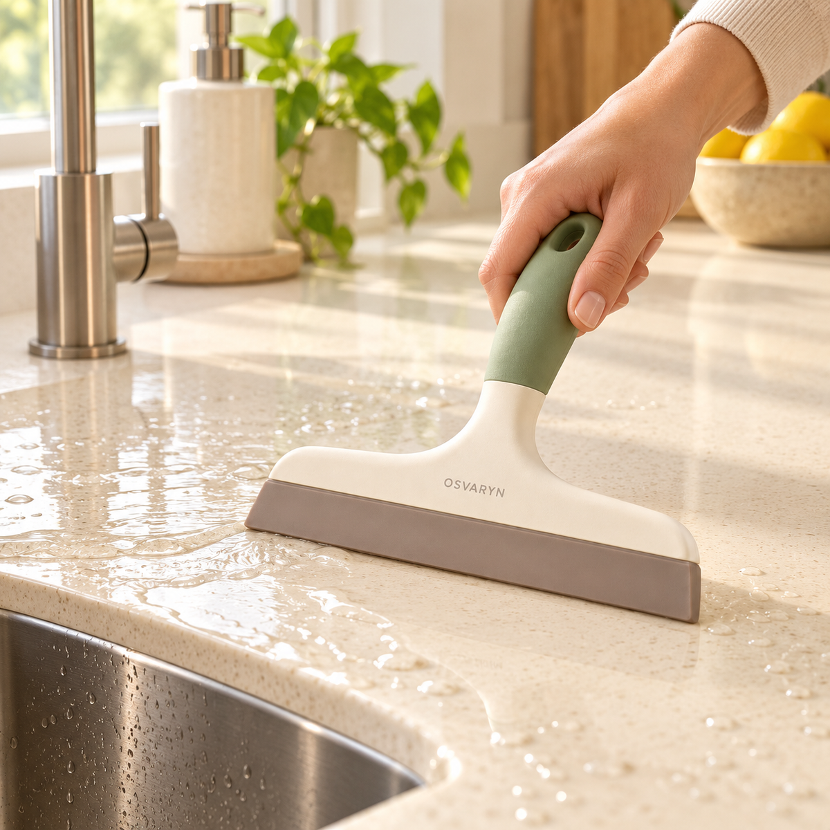 SweepDry Counter Squeegee shown in a modern home cleaning setting