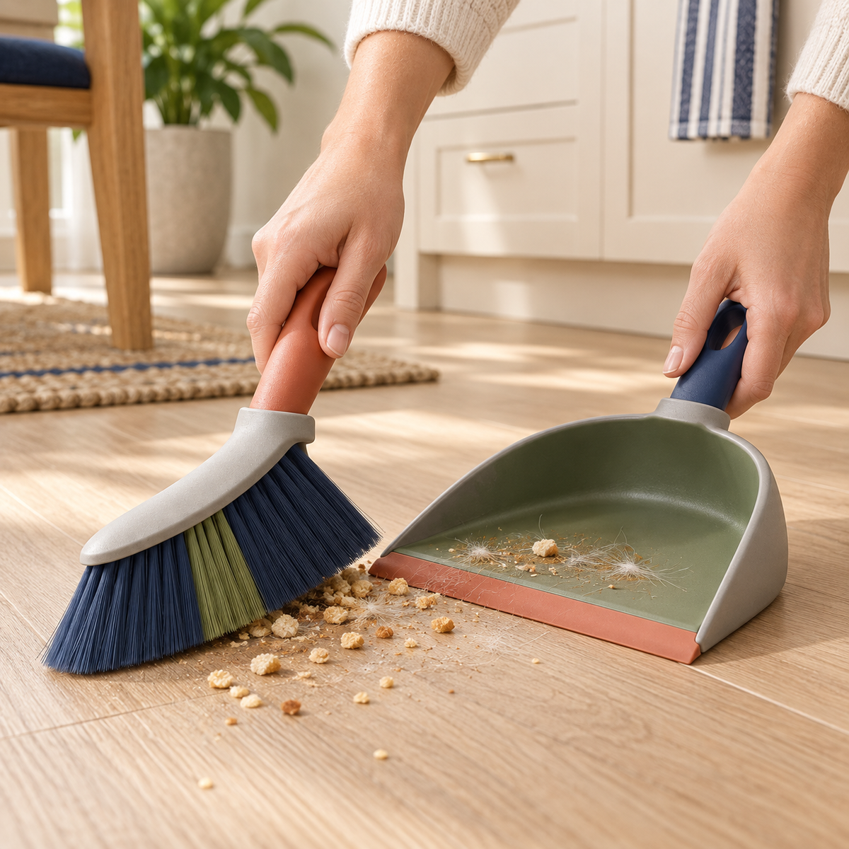 SweepFlex Compact Broom Set shown in a modern home cleaning setting