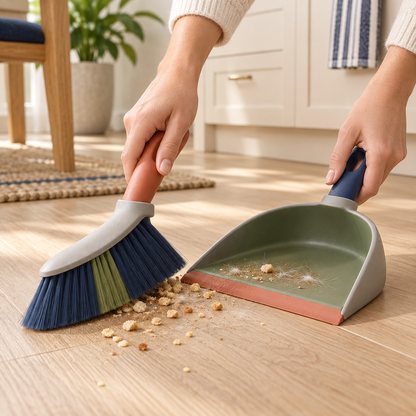 SweepFlex Compact Broom Set shown in a modern home cleaning setting